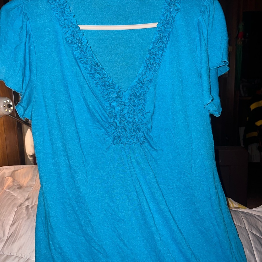 Blue Ruffled V-Neck Women's Top Cato size L